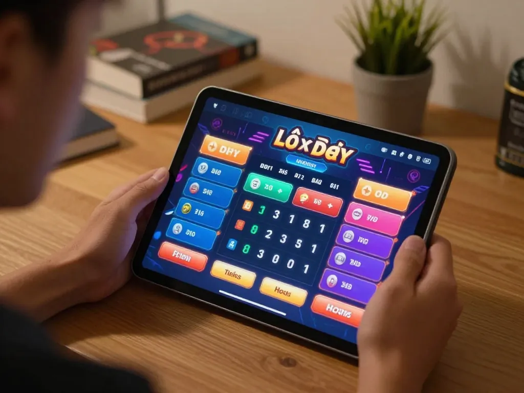Lô đề online gameplay interface on a tablet with a player placing bets in a cozy home setting.