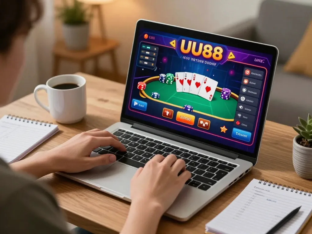 Player enjoying UU88 online casino games on a laptop with strategic notes