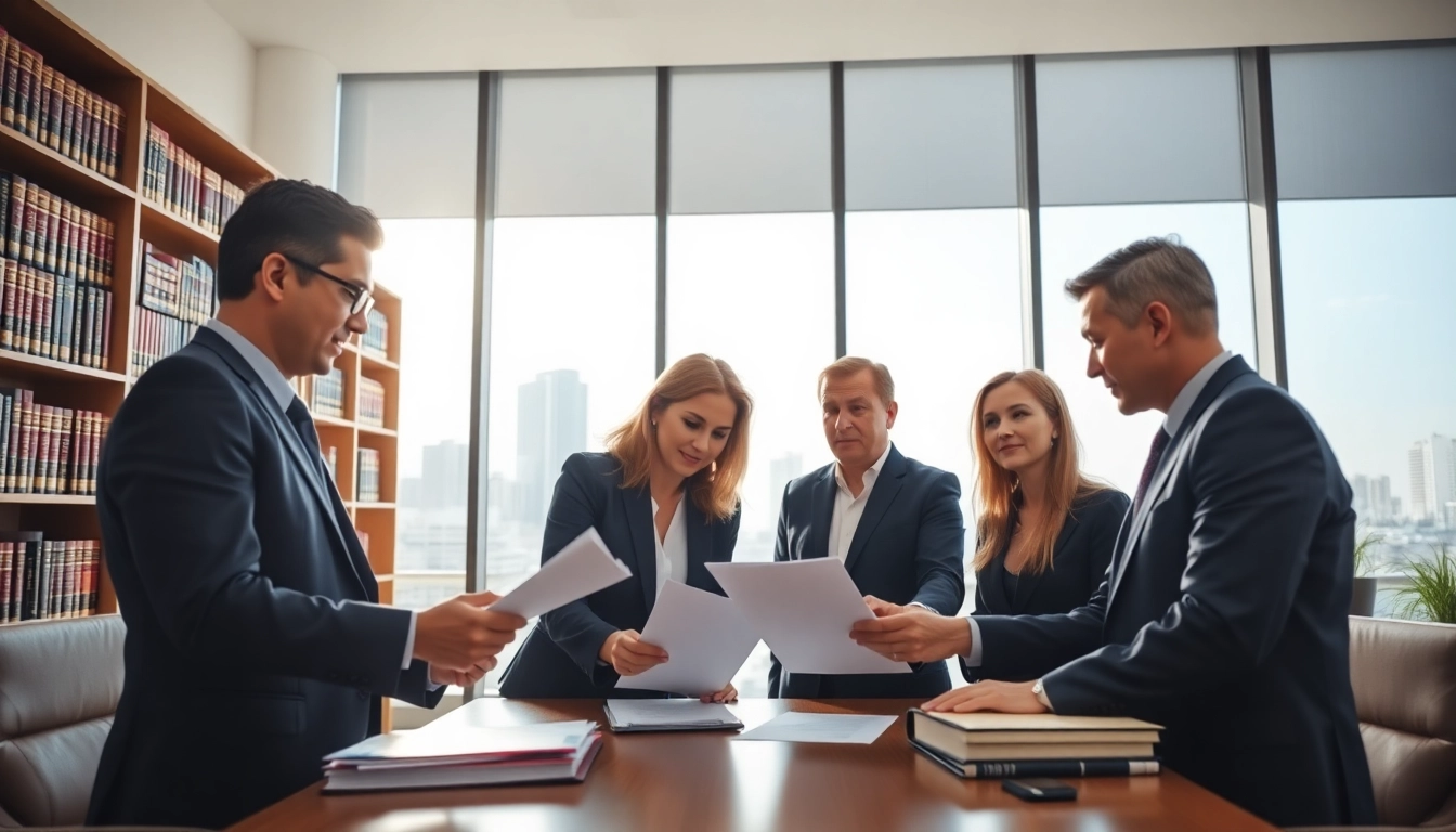 Miami divorce lawyers consulting over legal documents in a modern office.
