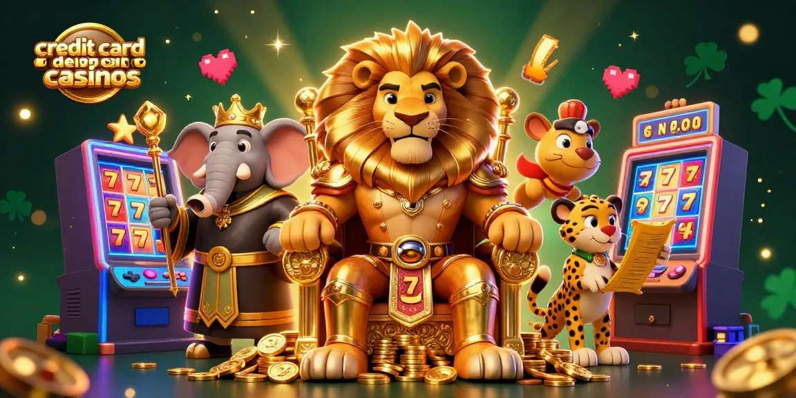Experience exhilarating action at credit card deposit casinos with a regal lion king amidst vibrant slots.