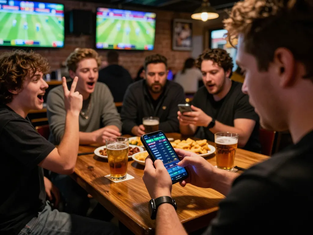 KQBD updates displayed on mobile as friends cheer at a lively sports bar during a match