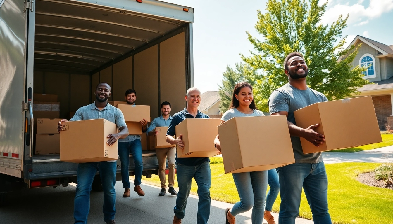 Movers in Arkansas efficiently unloading boxes outside a suburban home, demonstrating teamwork.