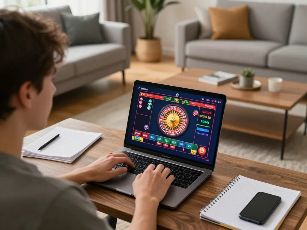 Engaging online gambling scene featuring xx88's dynamic roulette wheel on a laptop in a cozy home