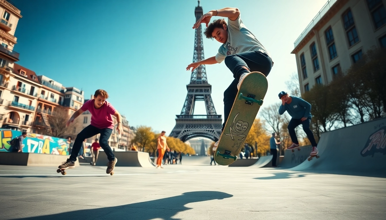 Des skateurs en pleine action lors de cours de skateboard à Paris, capturant l'énergie urbaine.