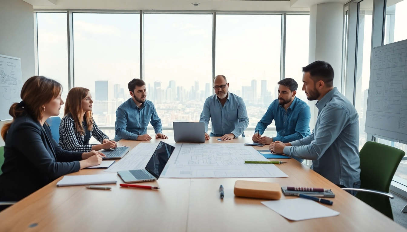 Engineers providing professional engineering services while collaborating on a project in a modern office.