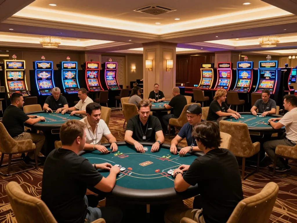 LUCK8 Casino players enjoy poker at vibrant tables amid an elegant, upscale atmosphere.