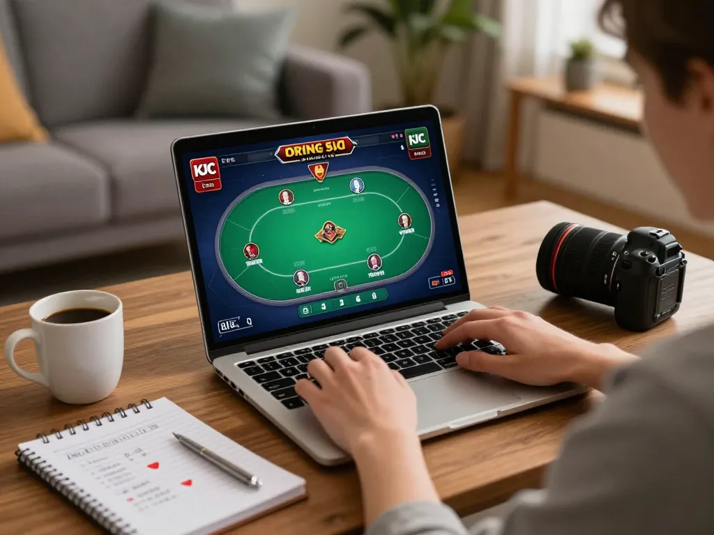 KJC player engaging in online poker game on laptop in a cozy home setting