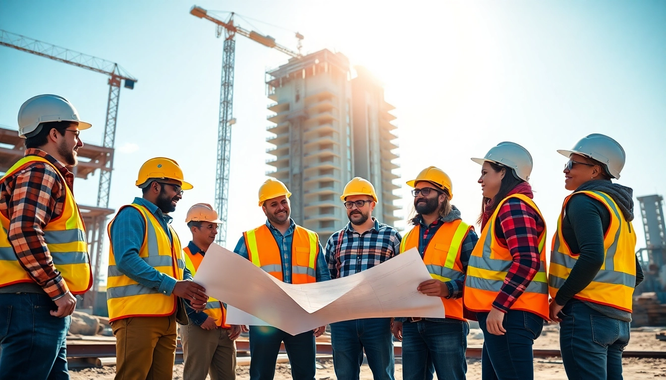 Engaged workers in a construction career planning at a building site with a skyscraper backdrop.