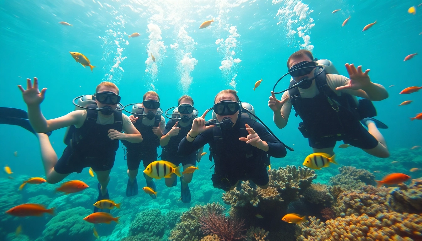 Tauchschule mit professionellen Tauchern in beeindruckendem Unterwasserumfeld.