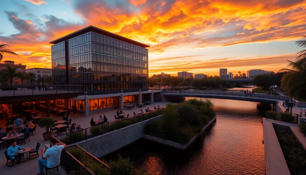 Tampa River Center at sunset, showcasing vibrant colors and lively atmosphere.