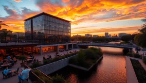 Tampa River Center at sunset, showcasing vibrant colors and lively atmosphere.