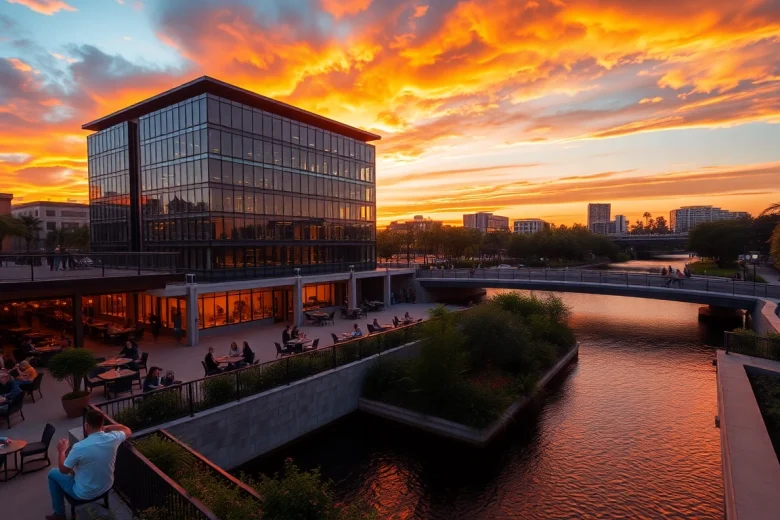 Tampa River Center at sunset, showcasing vibrant colors and lively atmosphere.