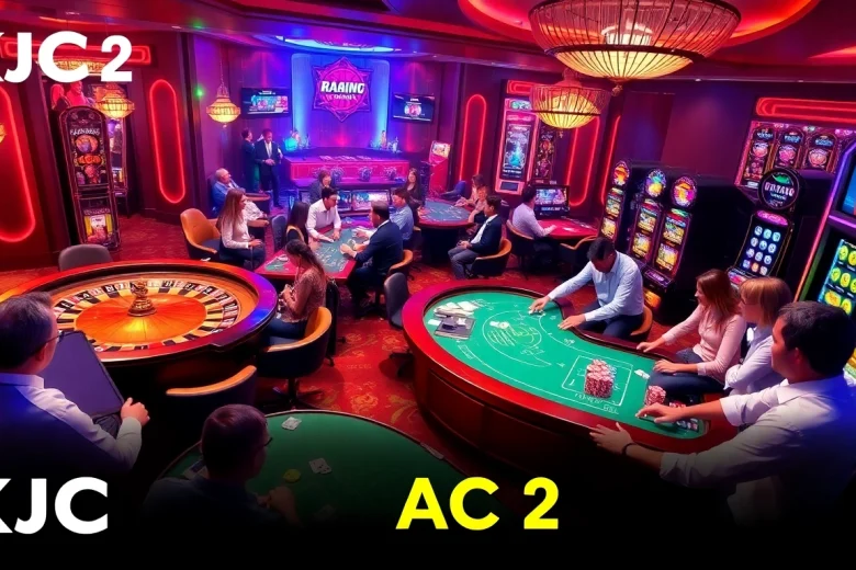 Exciting gambling scene featuring KJC AC 2 with roulette wheels, poker tables, and slot machines.
