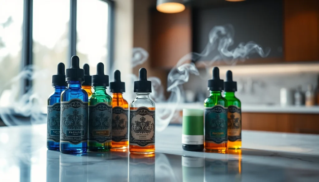 Verschiedene liquid Flaschen mit einzigartigen Geschmäckern auf einem eleganten Marmoruntergrund.