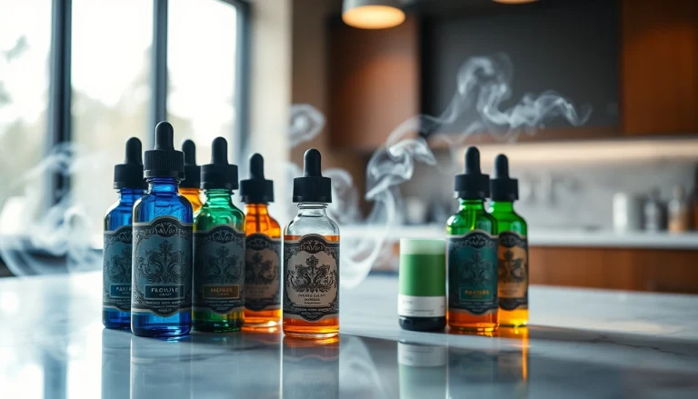 Verschiedene liquid Flaschen mit einzigartigen Geschmäckern auf einem eleganten Marmoruntergrund.