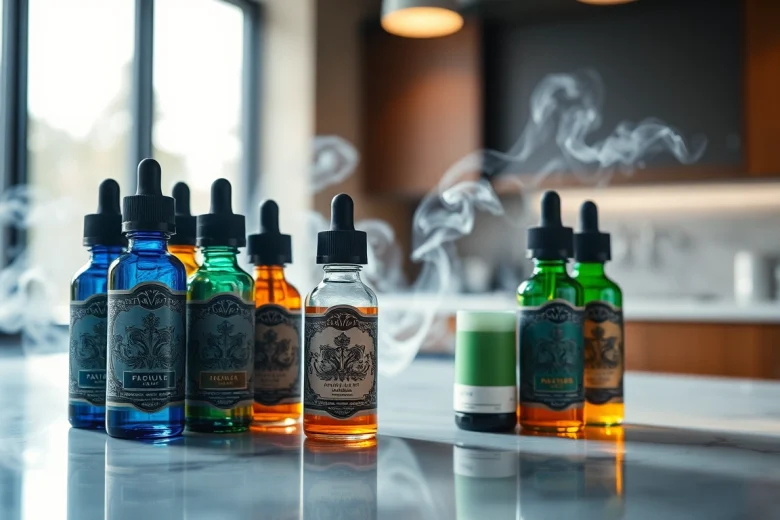 Verschiedene liquid Flaschen mit einzigartigen Geschmäckern auf einem eleganten Marmoruntergrund.