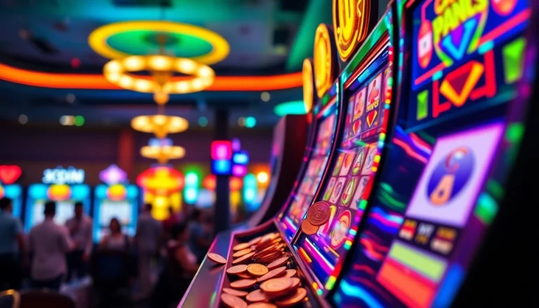 Mesin slot berkilau menarik perhatian dengan koin berjatuhan dan lampu warna-warni.