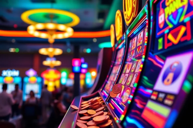 Mesin slot berkilau menarik perhatian dengan koin berjatuhan dan lampu warna-warni.