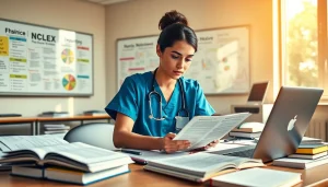 Engaged nursing student reviewing nclex practice questions with study materials on a desk.