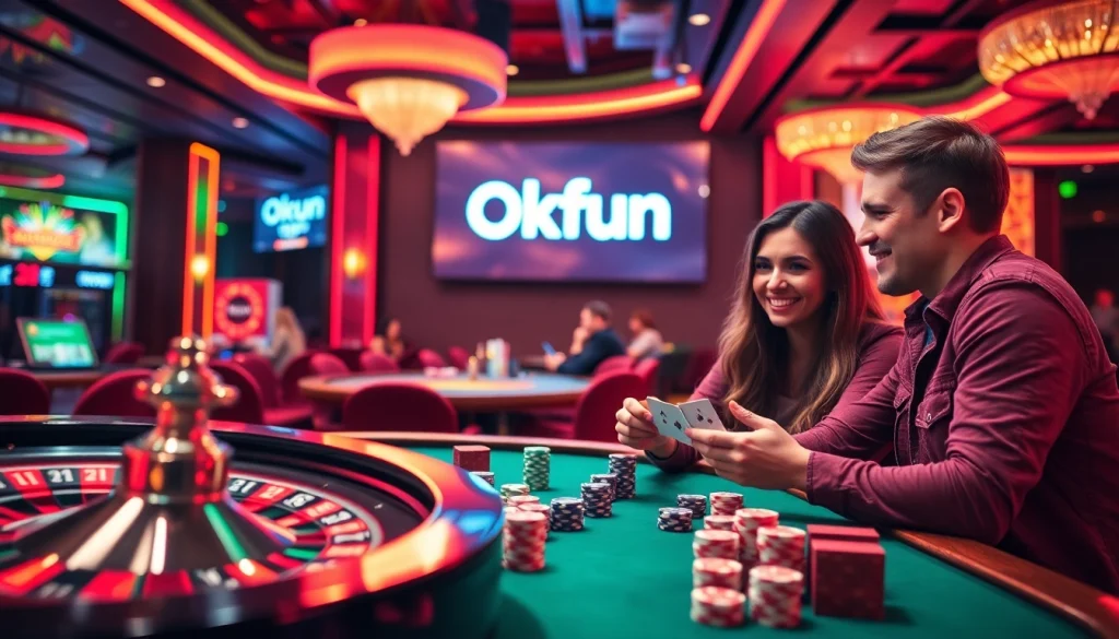 Experience the thrill of Okfun gambling with friends at a lively casino table surrounded by colorful chips.