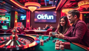 Experience the thrill of Okfun gambling with friends at a lively casino table surrounded by colorful chips.