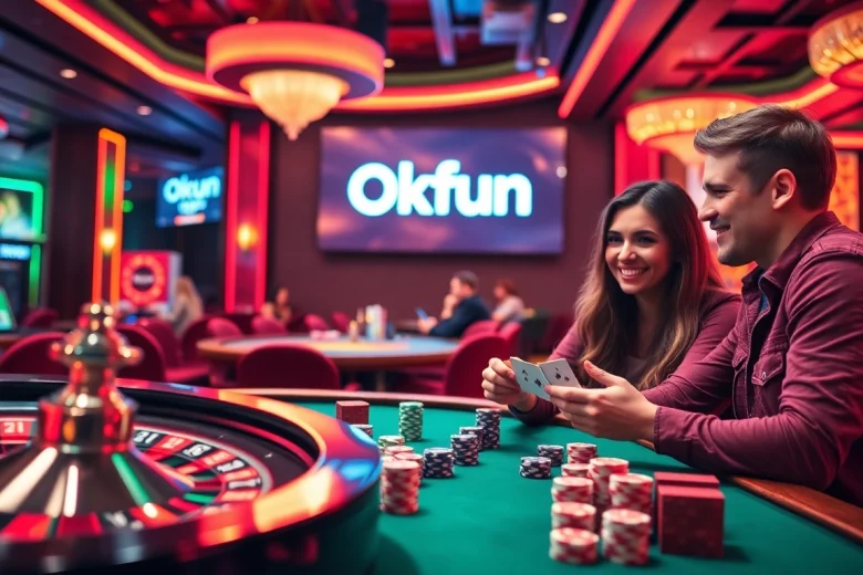 Experience the thrill of Okfun gambling with friends at a lively casino table surrounded by colorful chips.