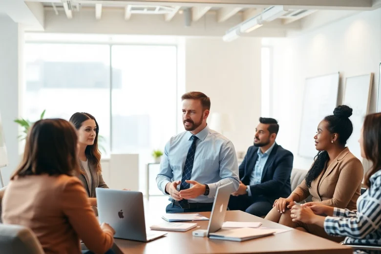 Engaging crypto fractional CFO leading a strategic meeting with diverse team members.