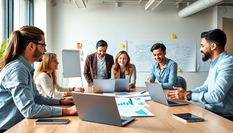 Engaged team collaborating on marketing strategies at https://fhpts.com with laptops and charts.