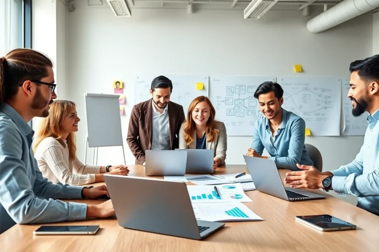 Engaged team collaborating on marketing strategies at https://fhpts.com with laptops and charts.