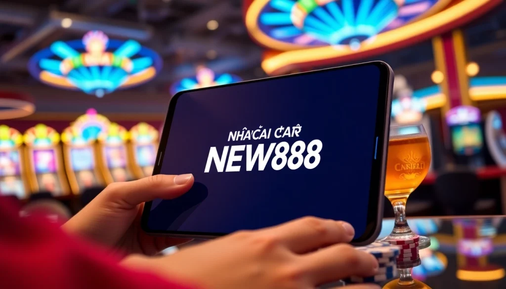 Engage with Nhà Cái NEW88 through a vibrant online betting interface showcasing a user on a smartphone.