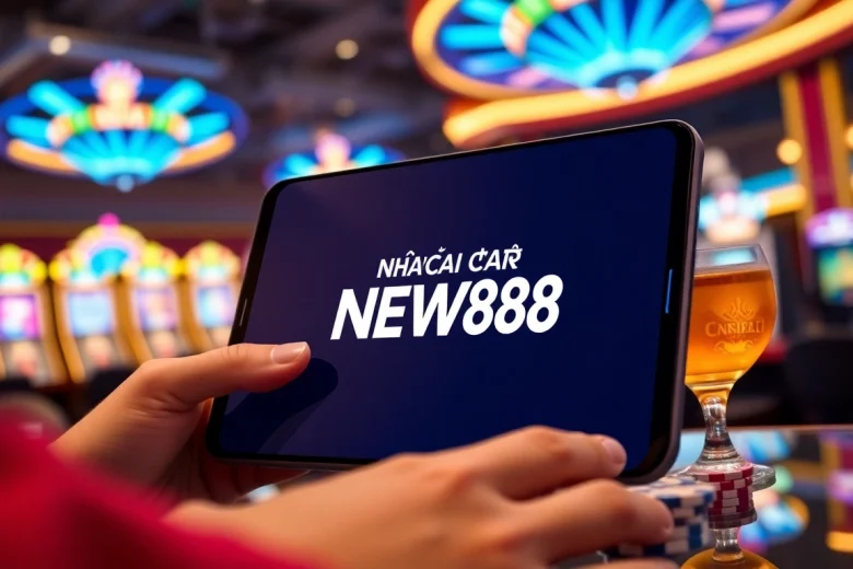 Engage with Nhà Cái NEW88 through a vibrant online betting interface showcasing a user on a smartphone.