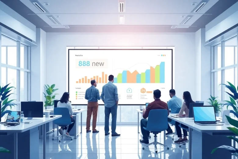 Team of digital marketers analyzing data trends, including 888 new insights.