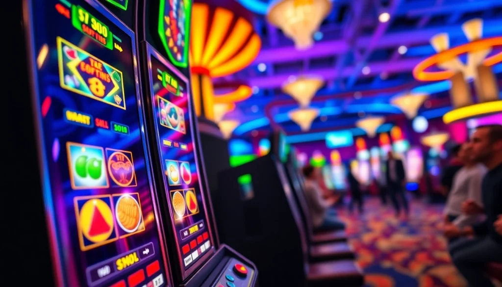 Mainkan slot dengan mesin slot berwarna-warni dan suasana kasino yang ceria.