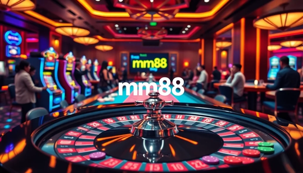 mm88 casino scene with players around a roulette table, vibrant lights
