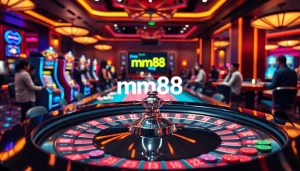 mm88 casino scene with players around a roulette table, vibrant lights