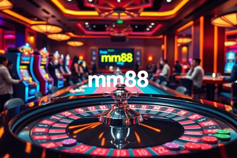 mm88 casino scene with players around a roulette table, vibrant lights