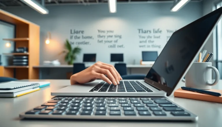 Enhance productivity at a typing center with focused typing on a modern laptop.