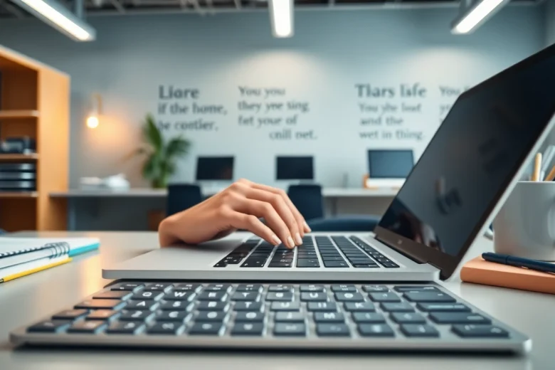 Enhance productivity at a typing center with focused typing on a modern laptop.