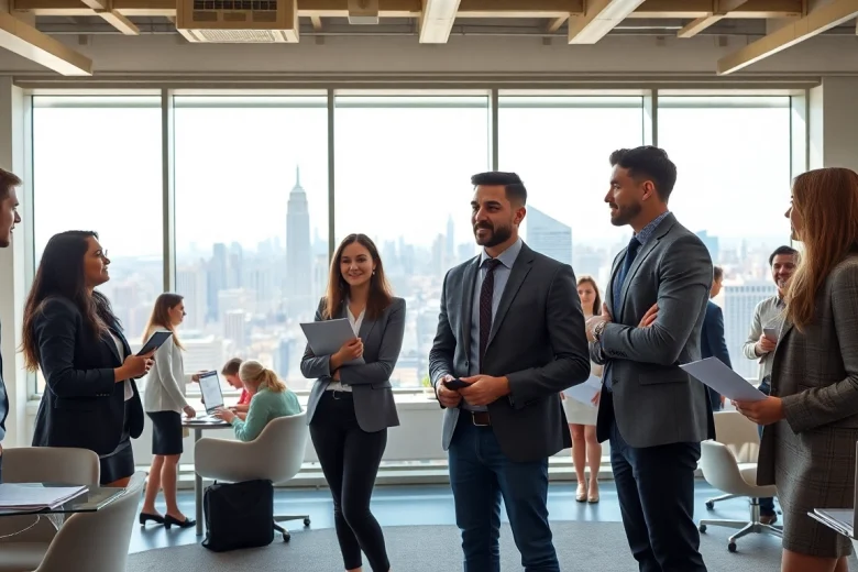 Job seekers in New York are actively engaging in a dynamic office environment.