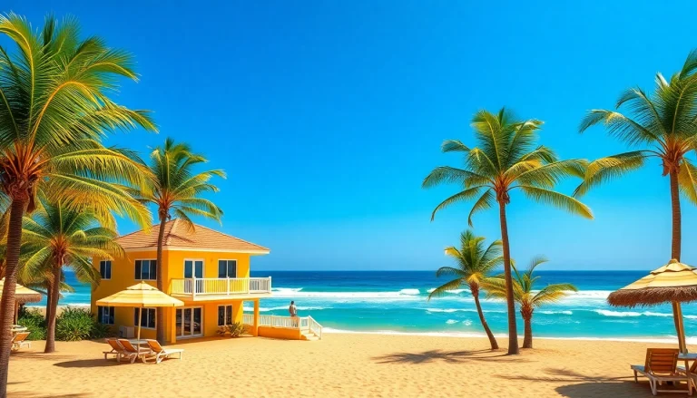 Experience the vibrant coastal cabana set against a sunny beach view with palm trees.