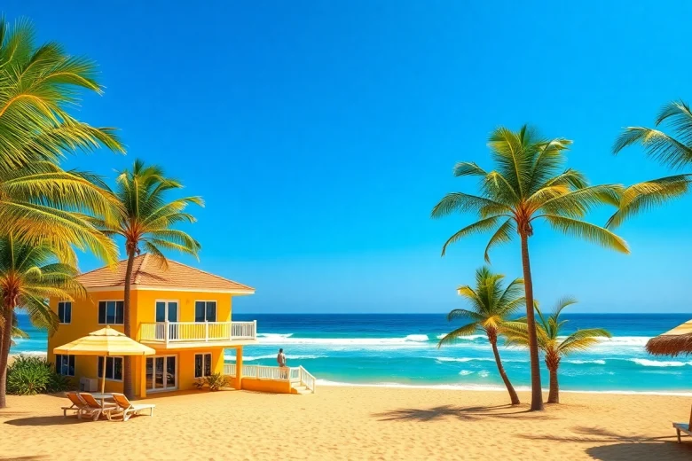 Experience the vibrant coastal cabana set against a sunny beach view with palm trees.
