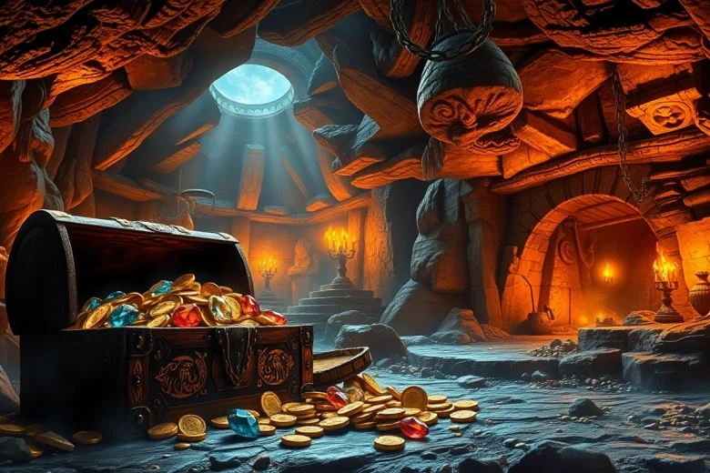 Discover the treasure-filled King Solomon's Mine showcasing ancient artifacts and golden riches.
