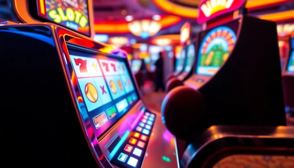 Mainkan slot dalam mesin dengan grafik berkilau di kasino yang ramai.