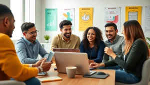 Engaged marketers discussing SEO strategies for 888new in a bright, modern workspace.