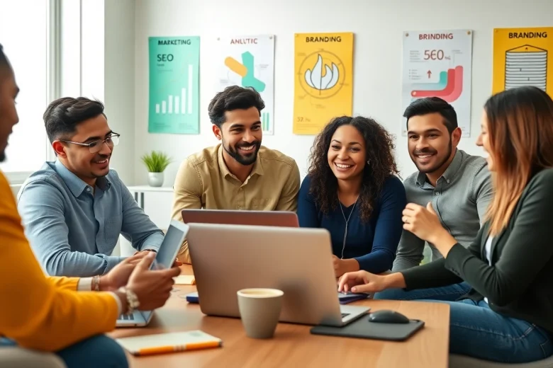 Engaged marketers discussing SEO strategies for 888new in a bright, modern workspace.