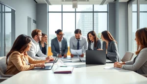 Engaged team of Quickplus Business Consultants strategizing in a bright modern office setting.