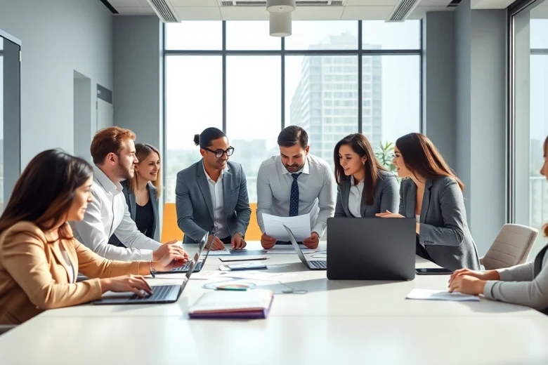 Engaged team of Quickplus Business Consultants strategizing in a bright modern office setting.