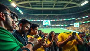 Engaging scene of enthusiastic bettors at the best sportsbooks in Brazil, analyzing odds in a vibrant stadium.