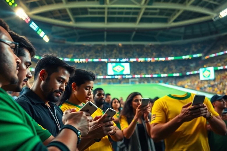 Engaging scene of enthusiastic bettors at the best sportsbooks in Brazil, analyzing odds in a vibrant stadium.