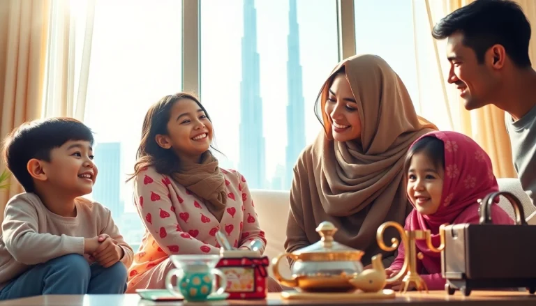 Nanny visa processing in Dubai depicted in a lively family reunion scene amidst Dubai's iconic architecture.